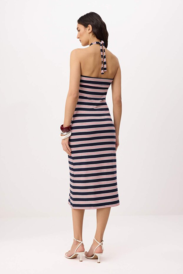 Çok Renkli Çizgili Bodycon Boyundan Bağlamalı Kolsuz Yumuşak Örme Elbise TWOSS26EL00568 - 4