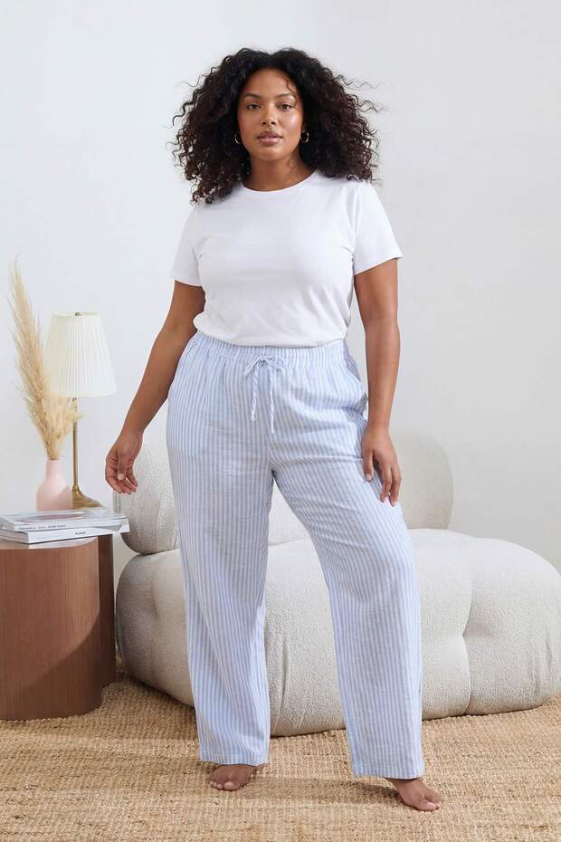 Mavi Çizgili Şort-Pantolon Paket Dokuma Büyük Beden Pijama Altı TBBSS26IA00009 - 2