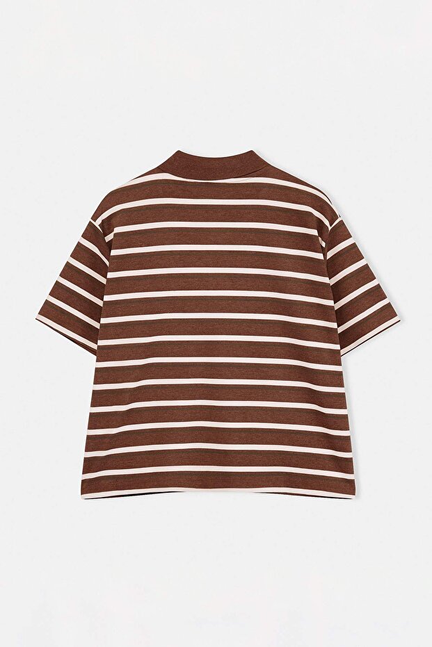 Kahverengi Polo Yaka Çizgili Crop Örme Büyük Beden Bluz TBBSS26AF00120 - 6