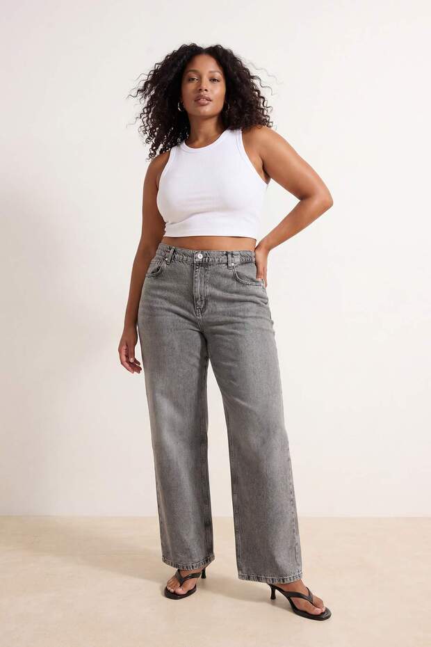 Gri More Sustainable Lastikli Bel %100 Pamuk Non-Stretch Geniş Paça/Wide Leg Jeans TBBSS26CJ00031 - 1