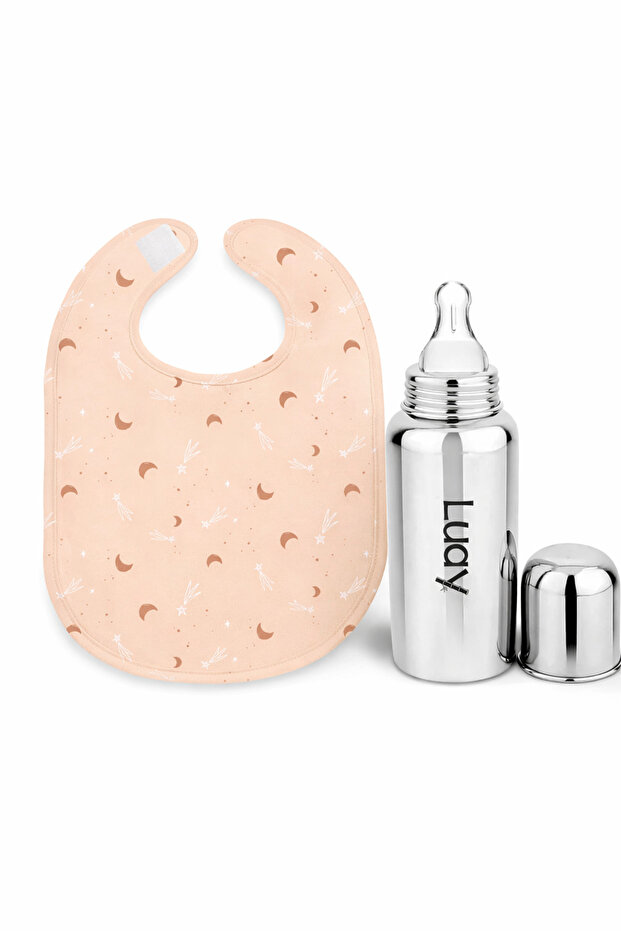Stainless Steel Feeding Bottle & Silicone Nipple and Soft Cotton Waterproof Bib Set for Newborn