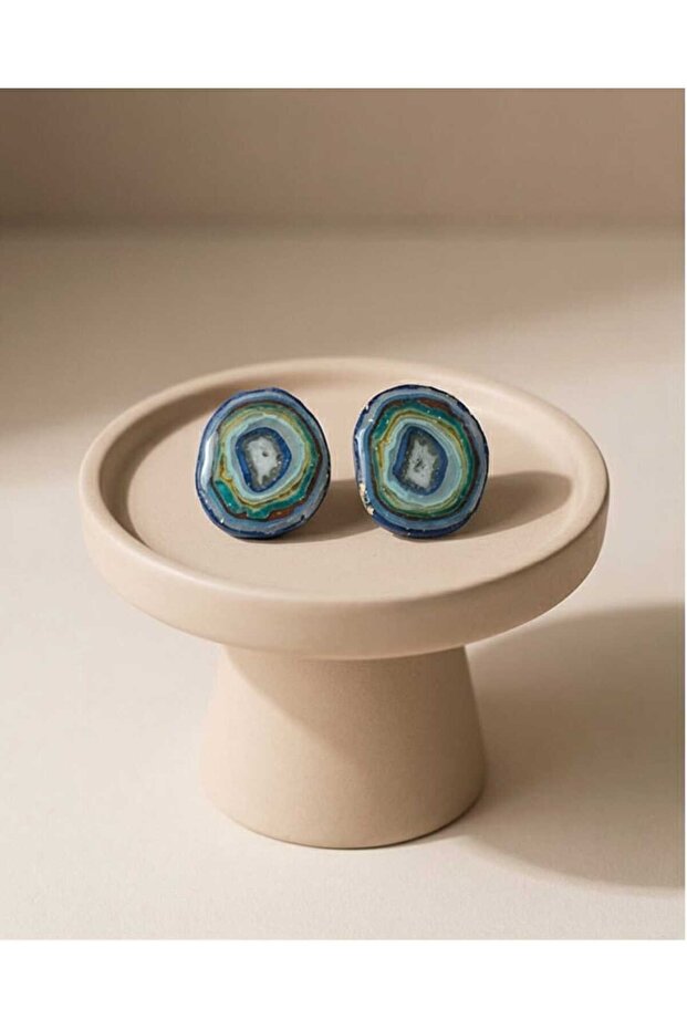 Natural Stone Blue Look Polymer Clay & Epoxy Design Nail Earrings (Nail Stainless Steel)