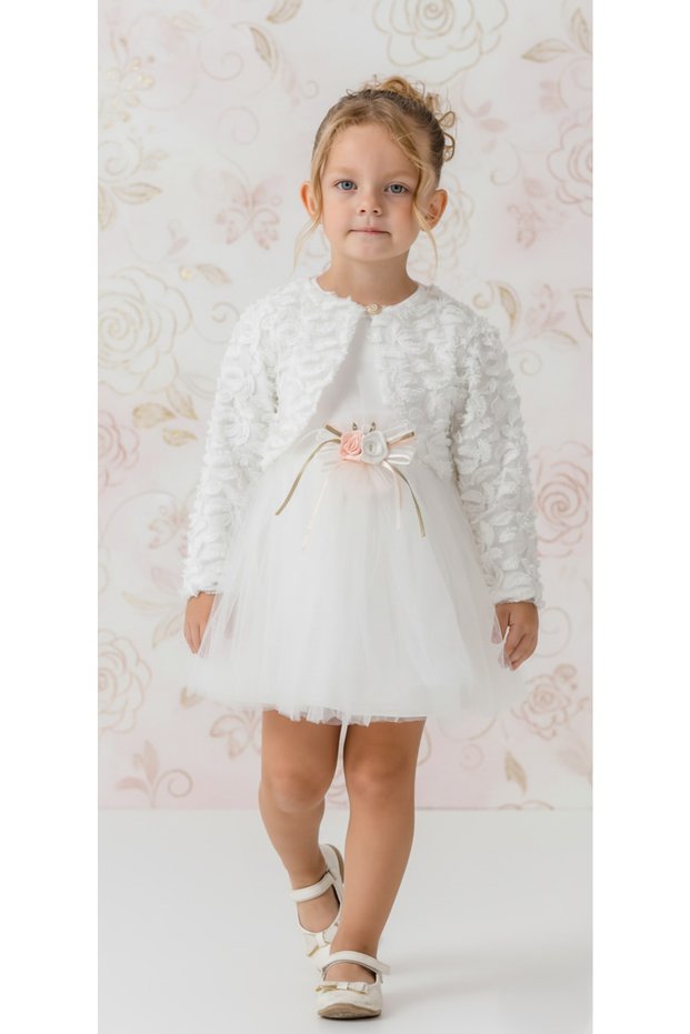 Baby Girl Bolero Floral Motif Tü Tulle Ü Dress Open Ecru