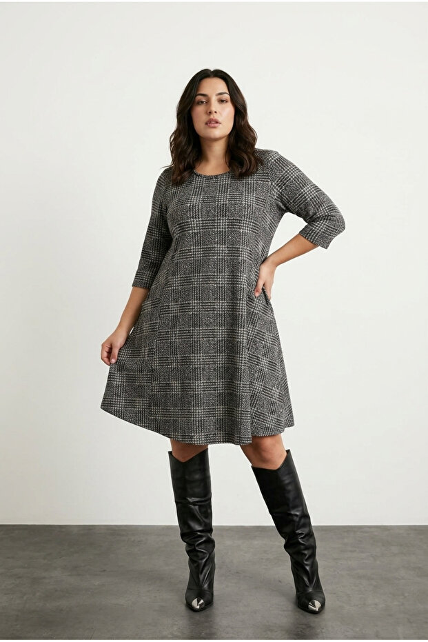 Plus Size Half Sleeve Crew Neck Pocket Asymmetrical Cutout Dress 98-130