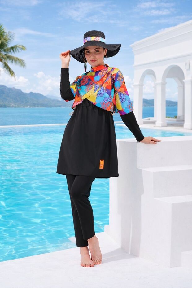 3 Pieces of Hijab Swimsuit with Pleat Detail on the Shoulder Full Covered Swimsuit Plus Size Burkini