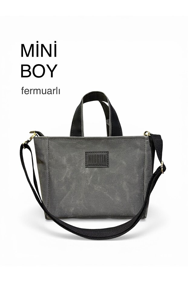 Mini Size Zippered Waxed Canvas Anthracite (Black Leather Detail) Handbag / Crossbody Strap