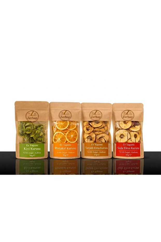 ZERBAP Şekersiz Kurutulmuş Meyve Seti 4’lü (Elma Portakal Kivi Tarçınlı Elma) 4x50g | %100 Doğal Katkısız | Çay Yanı Sağlıklı Atıştırmalık