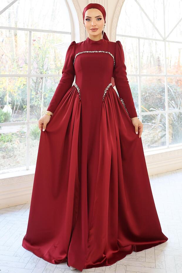Pearl Detailed Crepe and Satin Combination Flared Hijab Bordo 1686