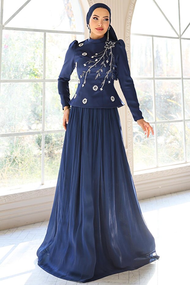 Stone Embroidered Satin Yoryo Silk Combination Hijab Evening Dress K. Indigo 1055