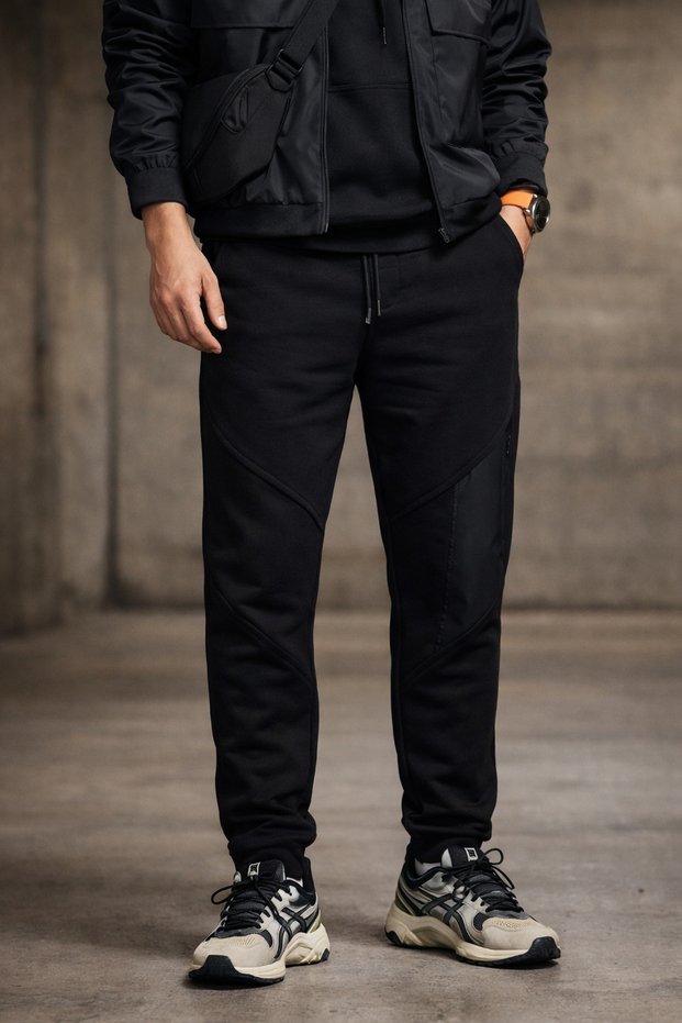 Men's Black Regular Fit Jogger Pants Sweatpants with Zipper on the Side Pocketed Pack of Cotton