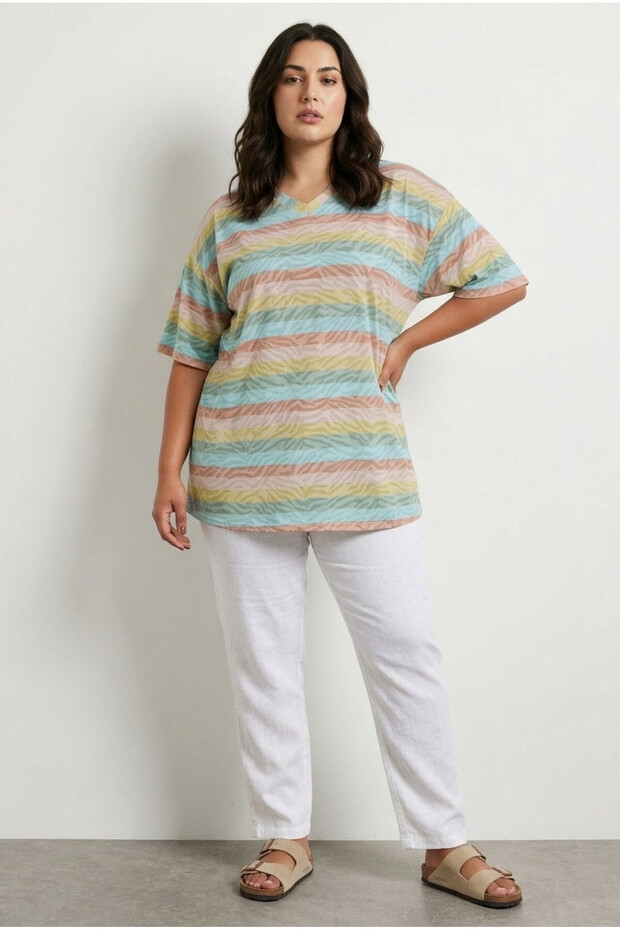 Large Size V-Neck Striped Short Sleeve Zebra Cotton Viscose T-Shirt 303953