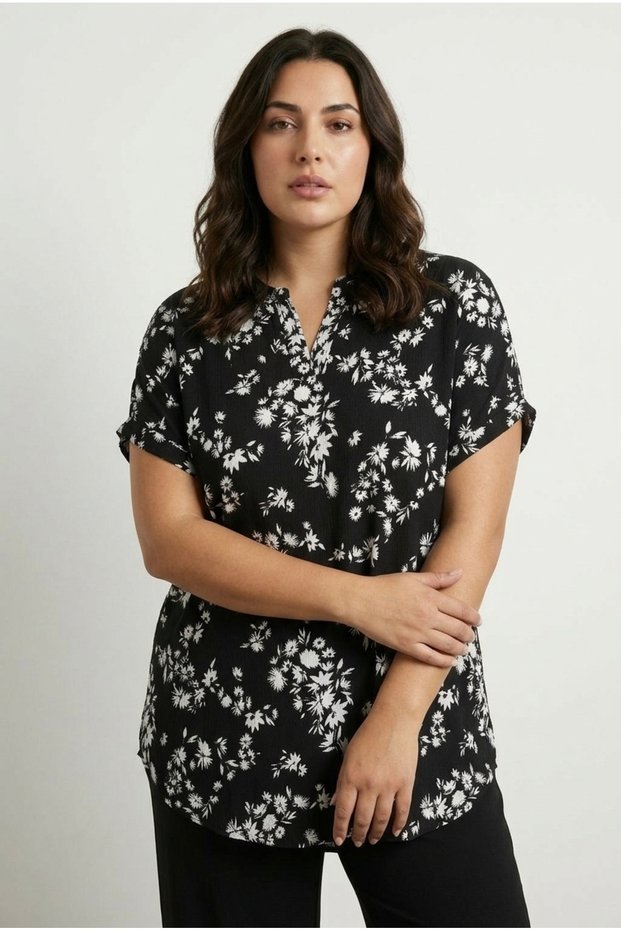 Plus Size V-Neck Short Sleeve Wrinkle Fabric Floral Print Blouse 322958