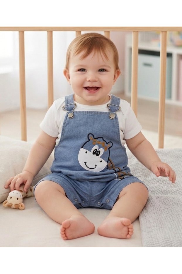 Giraffe Embroidered Pocketed Salopet Jumpsuit for Girls and Boys, Baby 6-9 Months, 9-12 Months, 12-18 Months, 18-24 Months