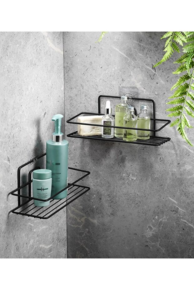 2-Pack Black Adhesive Bathroom Shelf, 2-Wire Shower Shampoo Holder, Metal Shower Shelf (Screw-On/Adhesive)