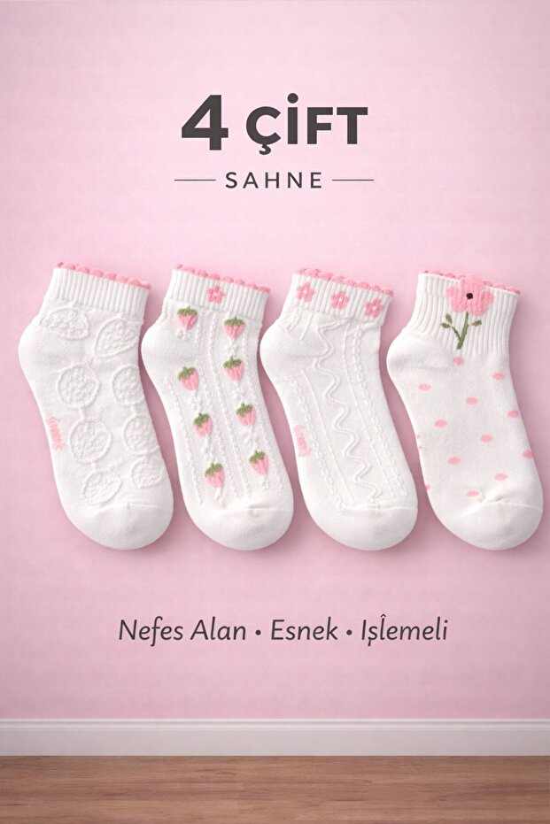 4-Piece Elegant Women's Ankle Socks Embroidered (P Cotton U, Breathable, E Stretchy