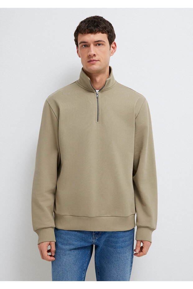 Yarı Fermuarlı Basic Bej Sweatshirt 0S10419-70204 - 3