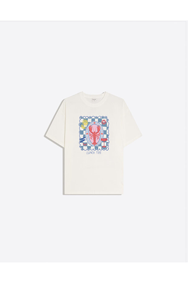 Lunch Time Printed Crew Neck Oversize Trendy Women's T-Shirt
