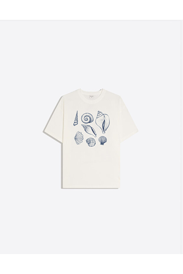 Seashell Printed Crew Neck Oversize Trendy Women's T-Shirt