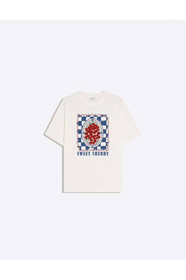 Sweet Cherry Printed Crew Neck Oversize Trendy Women's T-Shirt