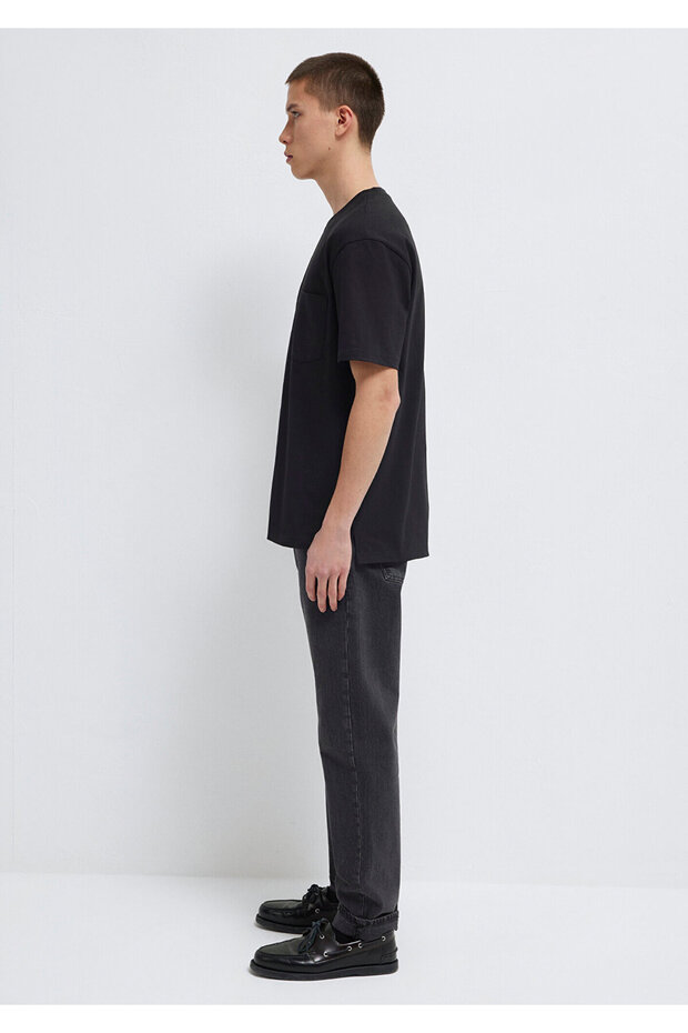 Cep Detaylı Siyah Basic Tişört Loose Fit / Bol Rahat Kesim 066248-900 - 4