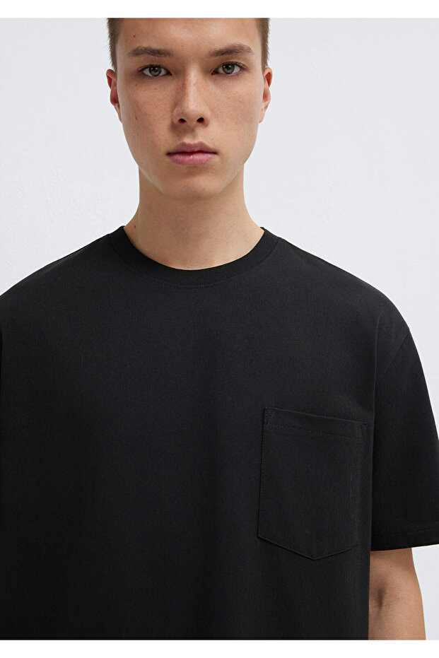 Cep Detaylı Siyah Basic Tişört Loose Fit / Bol Rahat Kesim 066248-900 - 6