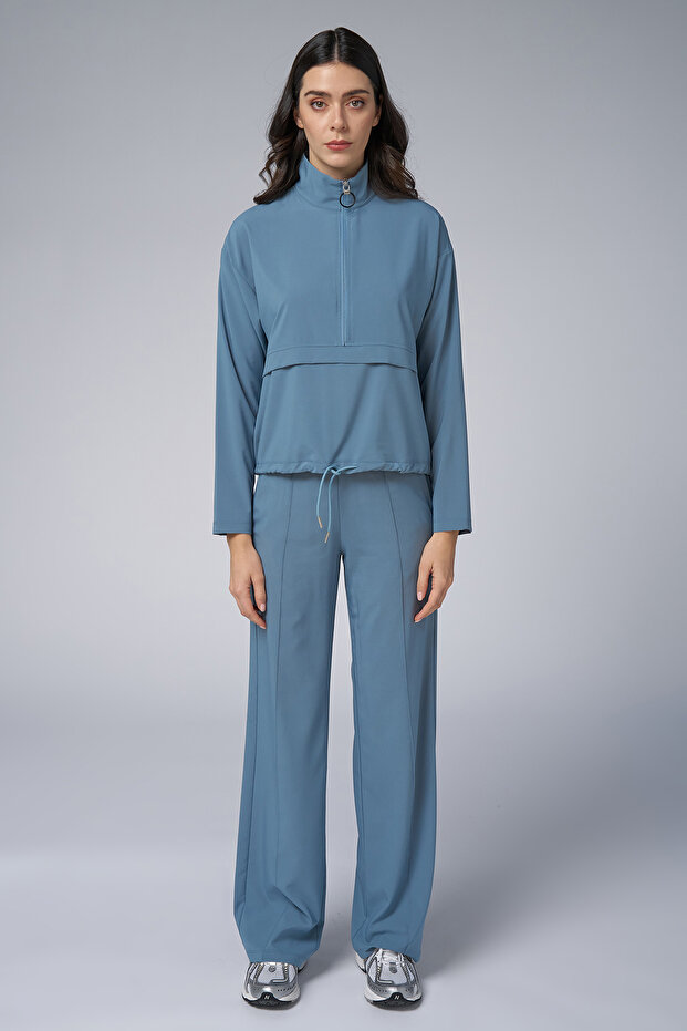 Women's Blue Patterned Thin Lightweight Zippered Tracksuit Set 4016