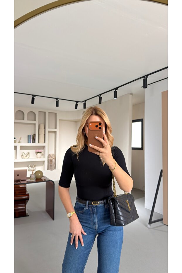 Premium Series Crew Neck Half Sleeve Black Basic Blouse