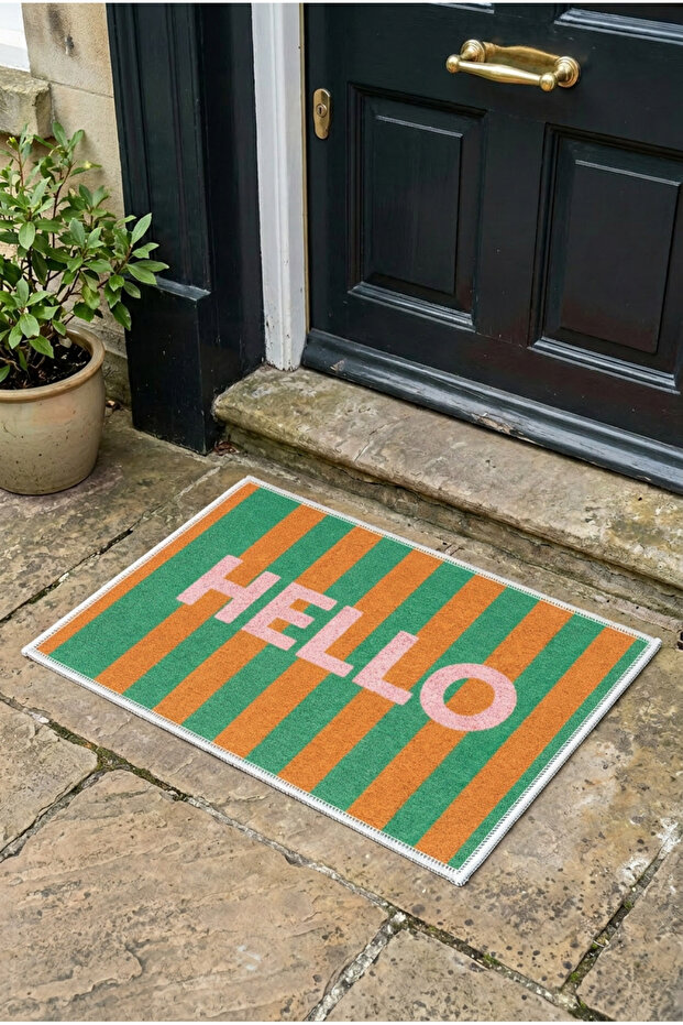 Orange and Green Striped Hello Written Door Mat
