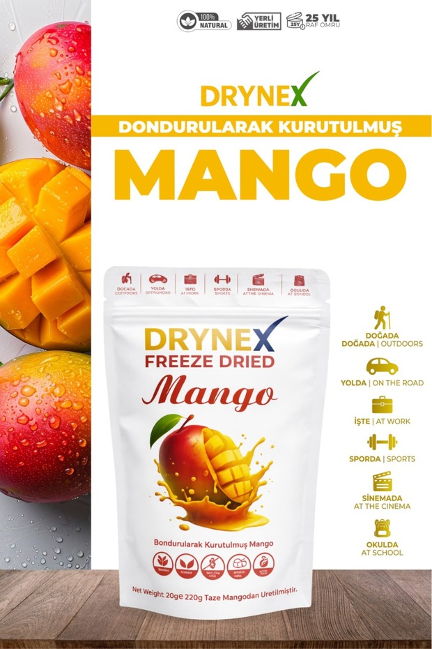 DRYNEX Freeze Dried Mango - Dondurularak Kurutulmuş Katkısız Çıtır Mango 20 gr