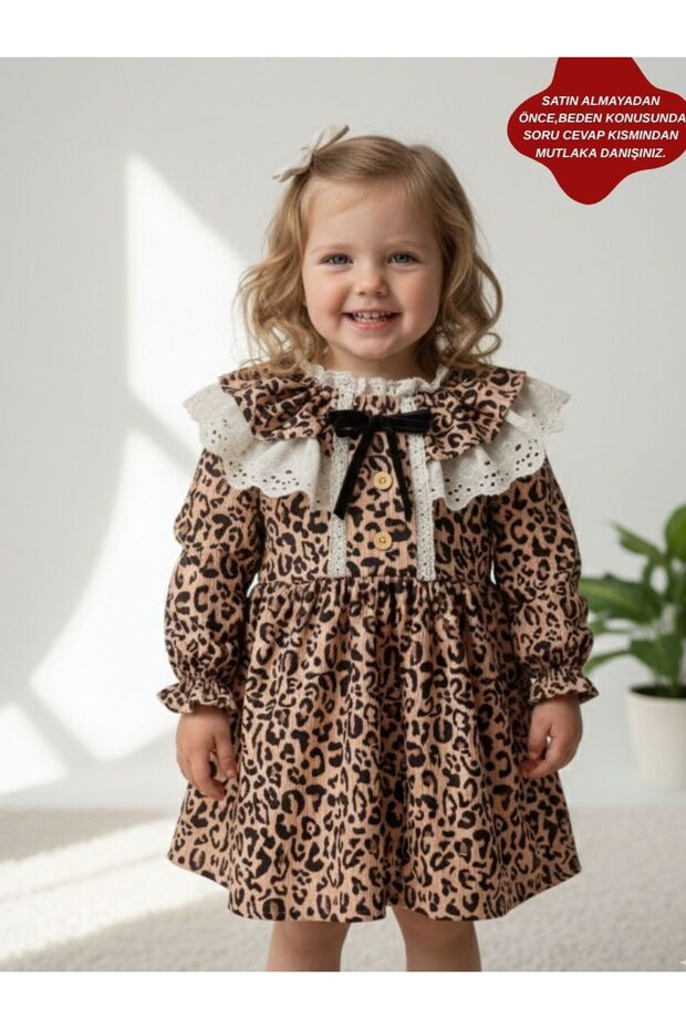 Di̇va Leopard Lace Collar Detailed Long Sleeve Skirted Holiday Dress for Girls