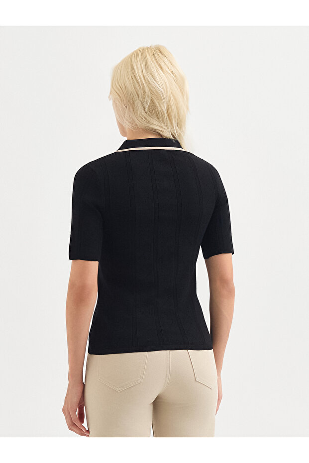 Siyah Polo Yaka Kısa Kollu Triko Kazak - 4
