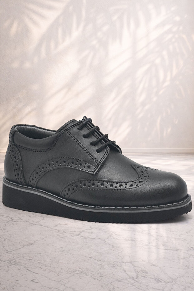 Rakerplus Genuine Leather Lace-Up Black Boys' Classic School Shoes