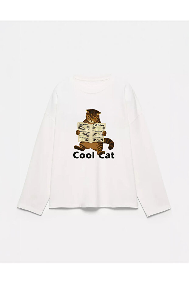 100% Cotton Oversize Fit Cool Cat Printed - Crew Neck Long Sleeve T-Shirt
