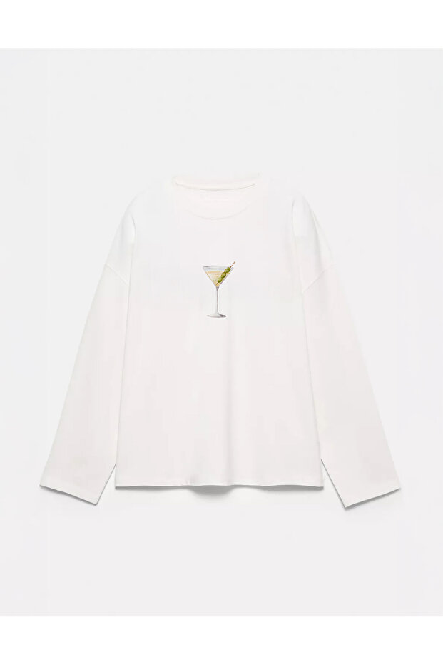 100% Cotton Oversize Fit Cocktail Printed - Crew Neck Long Sleeve T-Shirt
