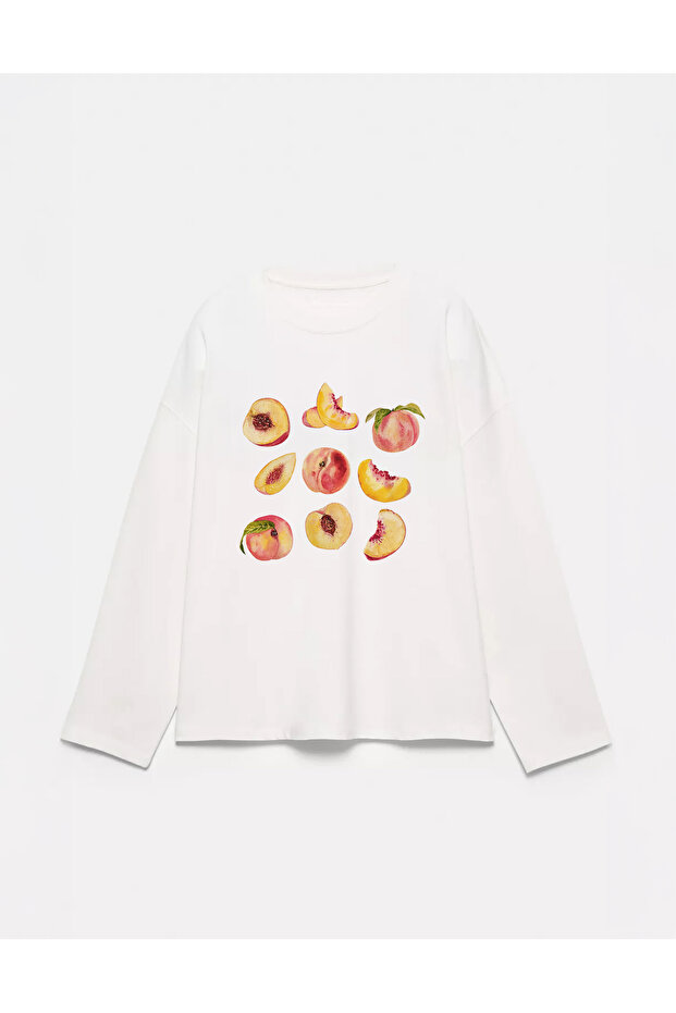100% Cotton Oversize Fit Peach Printed - Crew Neck Long Sleeve T-Shirt