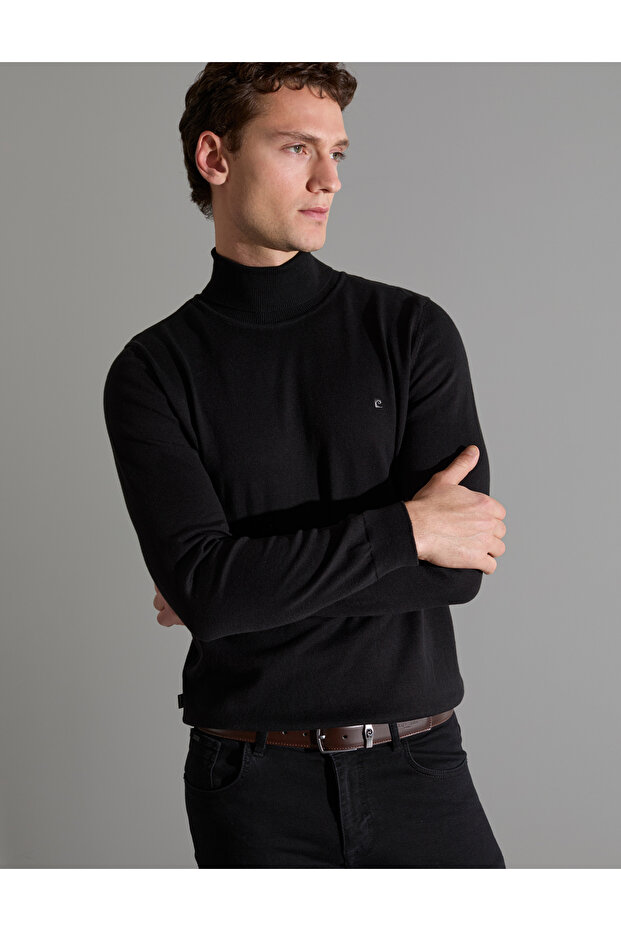 Black Slim Fit Turtleneck Basic Sweater 50314202-Vr046