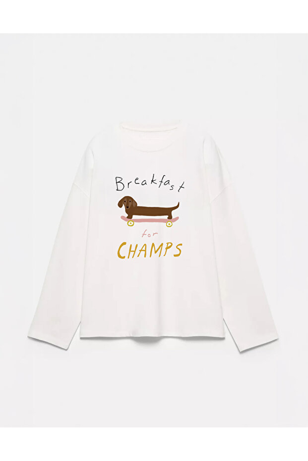 100% Cotton Oversize Fit Breakfast Champs Printed - Crew Neck Long Sleeve T-Shirt