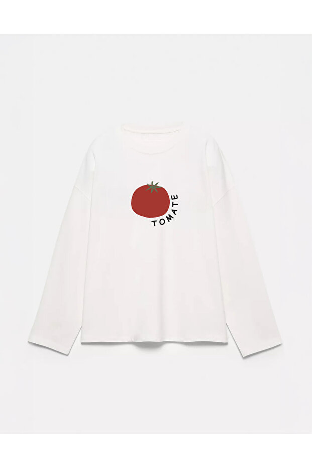 100% Cotton Oversize Fit Tomato Printed - Crew Neck Long Sleeve T-Shirt