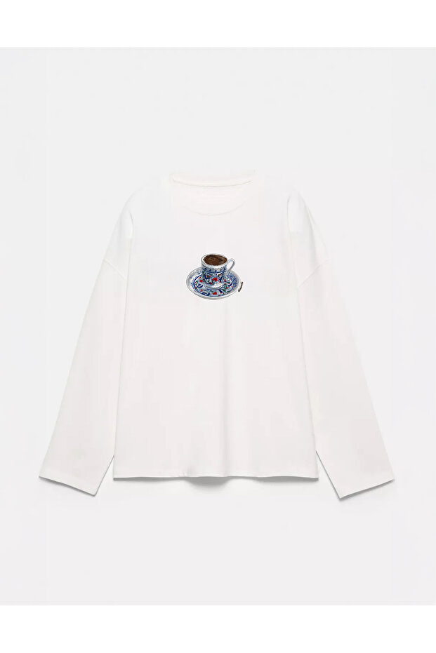 100% Cotton Oversize Fit Turkish Coffee 2 Printed - Crew Neck Long Sleeve T-Shirt