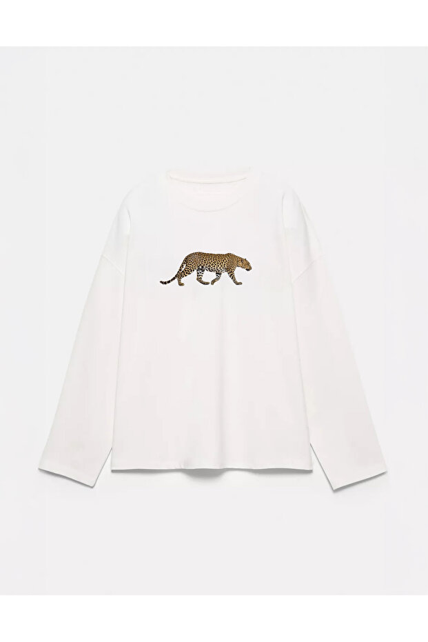 100% Cotton Oversize Fit Leopard Printed - Crew Neck Long Sleeve T-Shirt