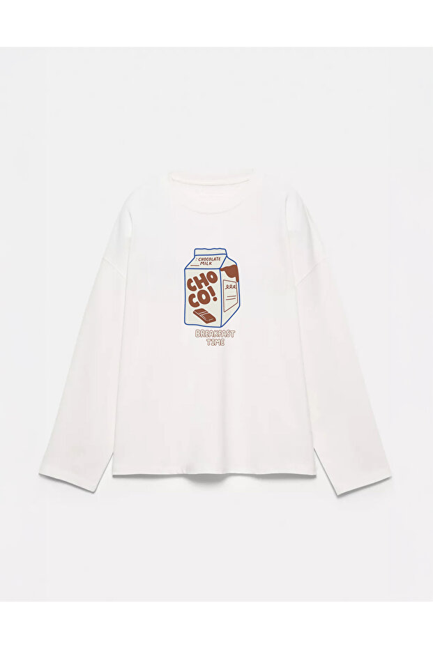 100% Cotton Oversize Fit Choco! Printed - Crew Neck Long Sleeve T-Shirt