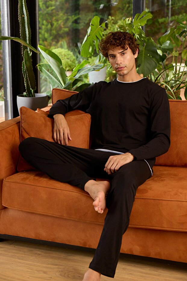 Men's Midi Collar 100% Cotton 4 Season Long Sleeve Stripe Detailed Pajama Set