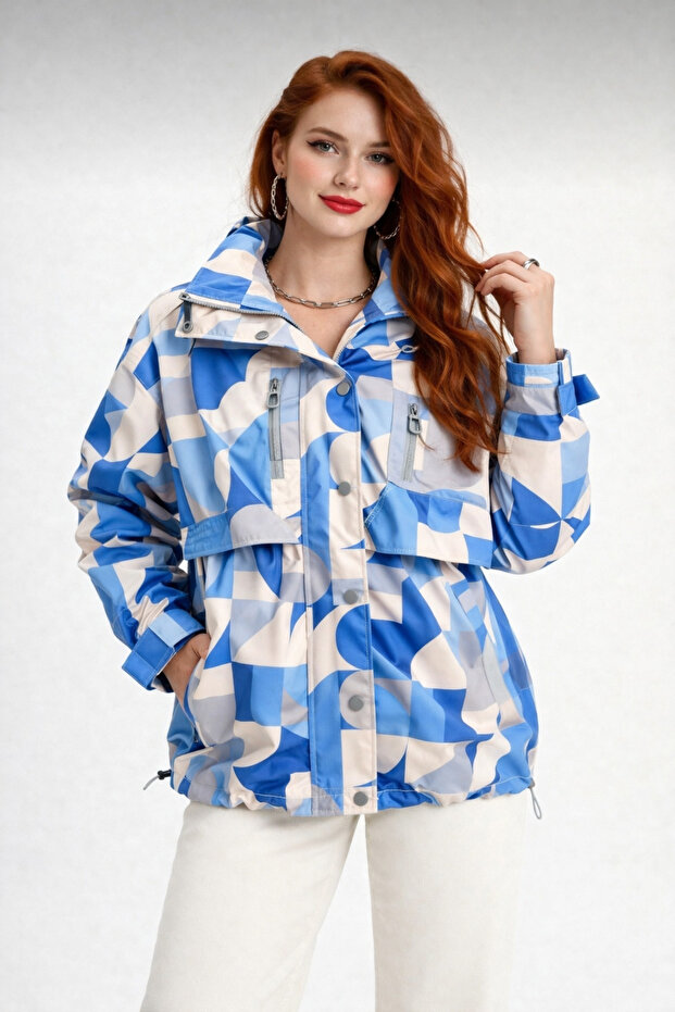 Geometric Patterned Oversize Women's Raincoat