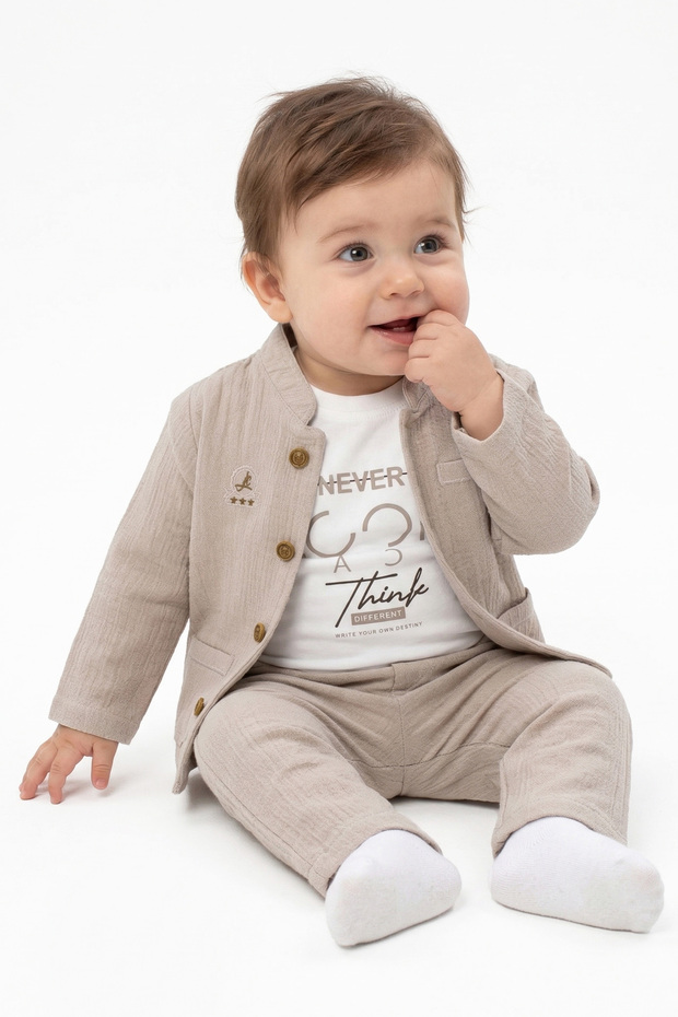 Baby Boy Ecru Never Look Back Written Beige Jacket 3-Piece Set
