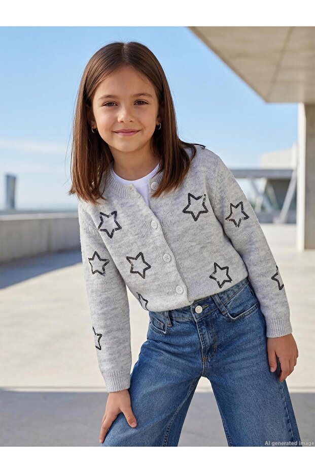Sequin Star Embroidered Cardigan for 6-9 Years Old - Gray