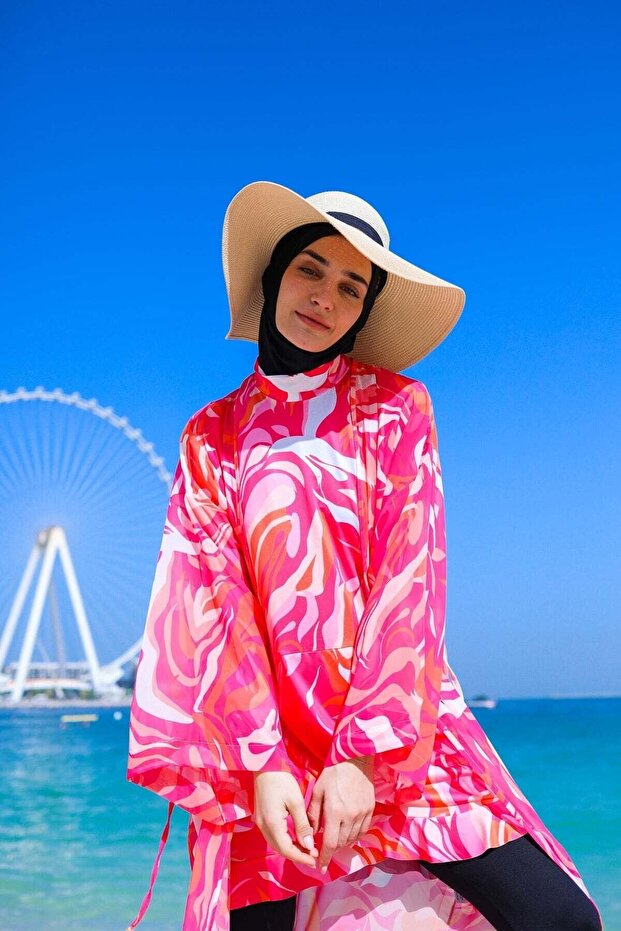 ثوب سباحة فوشيا منقوش بالحجاب مغطى بالكامل M2322