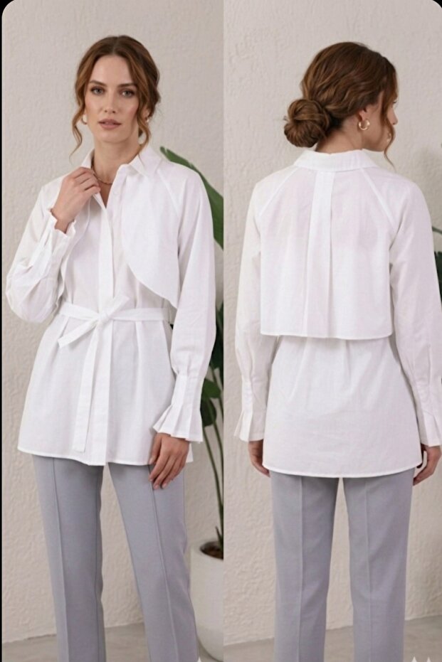 Women's Ecru Hijab Ecru Poplin Buttoned Belted Tunic Shirt Comfortable Fit