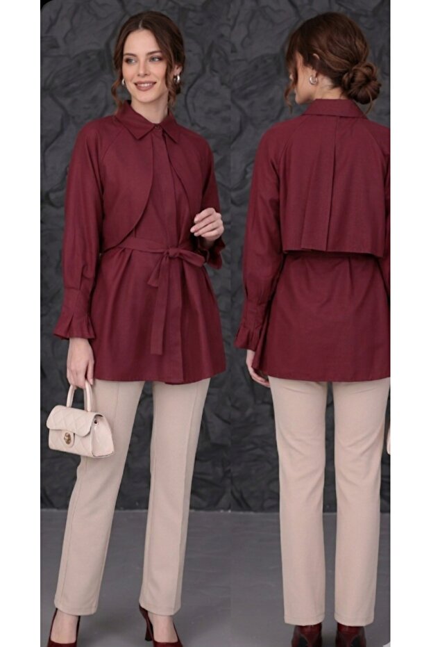 Women's Burgundy Hijab Mobile Belted Buttoned Poplin Tunic Shirt Comfortable Fit