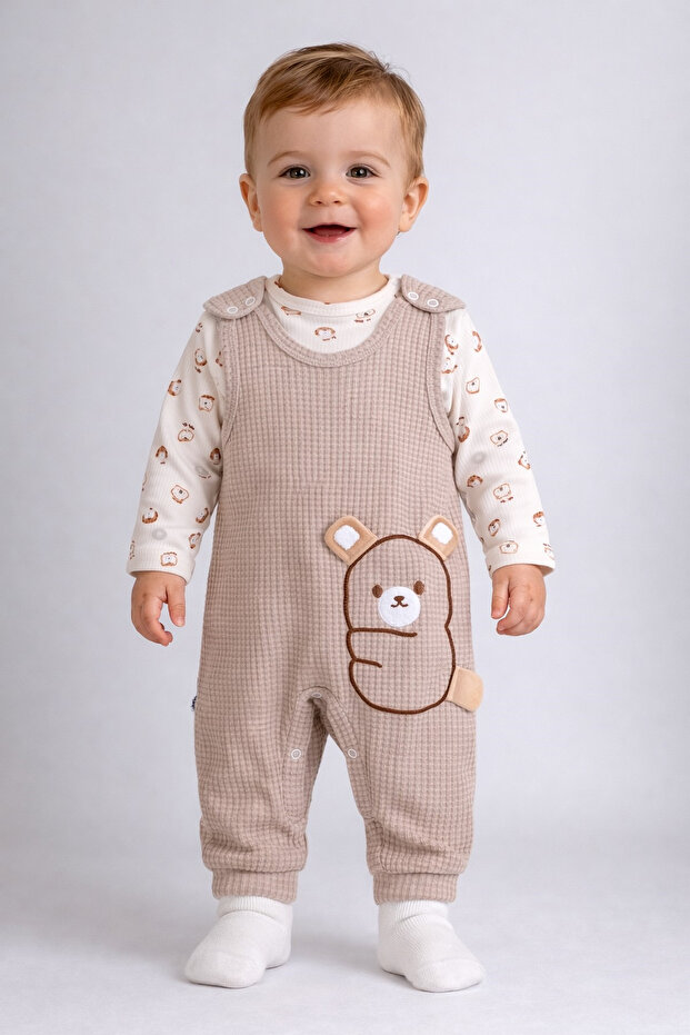 Bear Embroidered Baby Boy Rompers 3-Piece Romper Set – Bodysuit, Rompers and Socks | 3-6-9 Months Baby Clothes