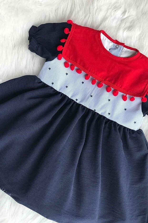 Navy Collar Red Pompom Design Baby Girl Blue Dress